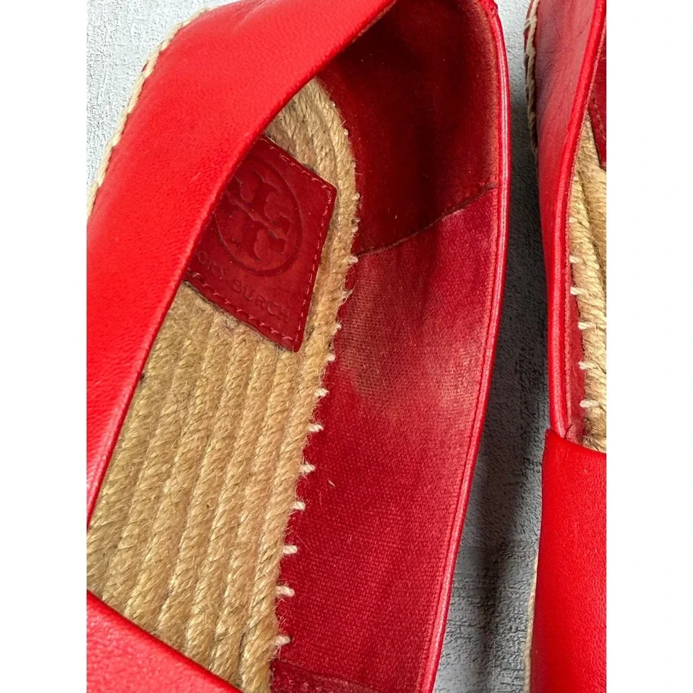 Tory Burch Ines Red Leather Espadrille Flats Double T Logo 52035 Womens 6.5M